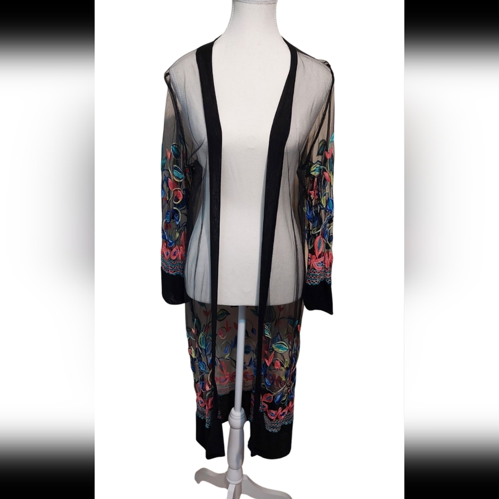 Floral Colorful Embroidered Black Sheer Kimono